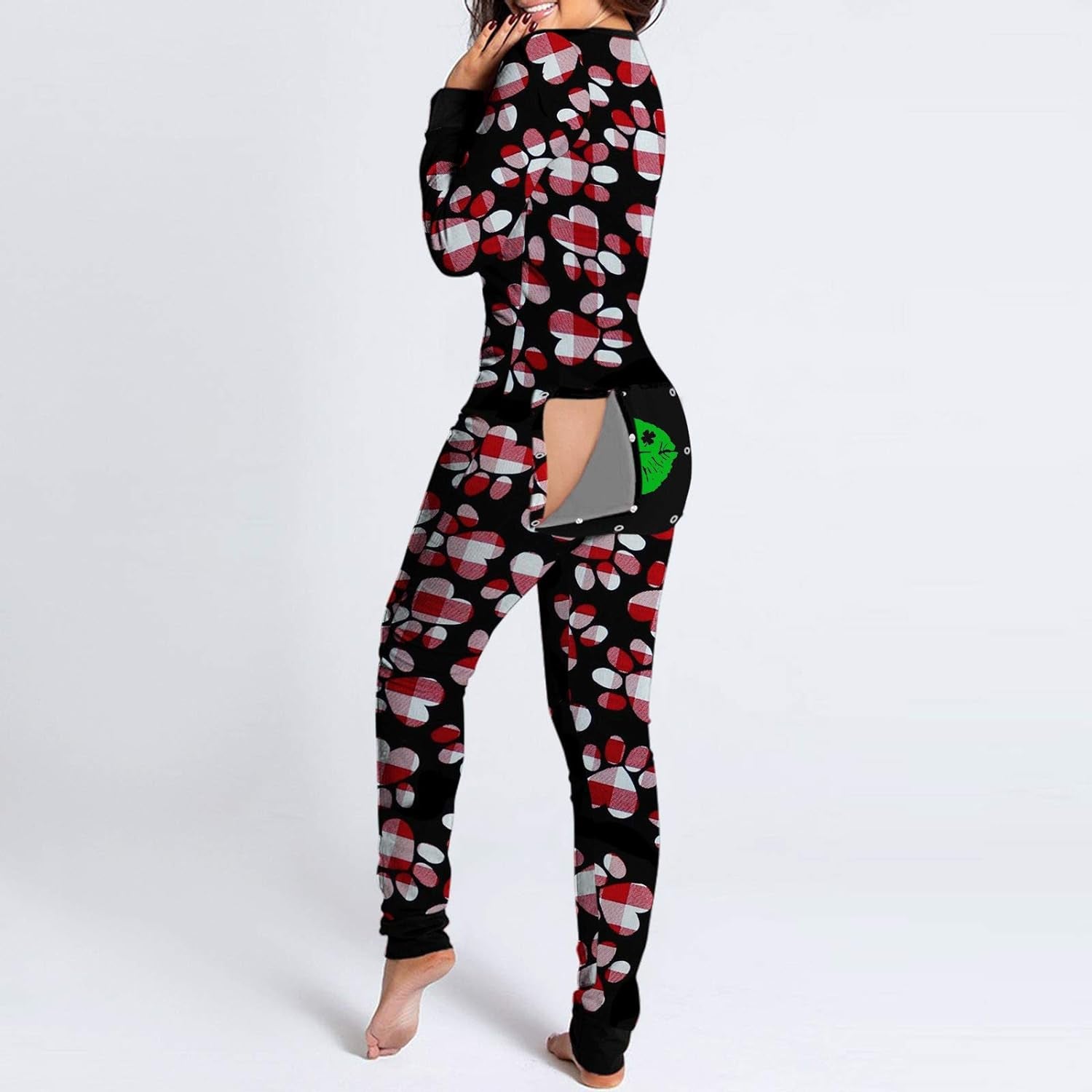 "Flirty and Functional Women'S Buttoned Flap Jumpsuit - Long Sleeve, Sexy V-Neck Romper Sleepwear"