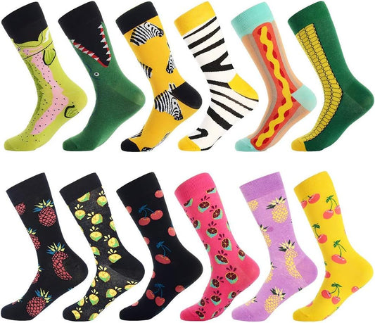 "Quirky and Vibrant Unisex Socks: Add Fun and Flair to Your Outfit with Colorful, Novelty Dress Socks Featuring Food, Animals, and Space Themes!"