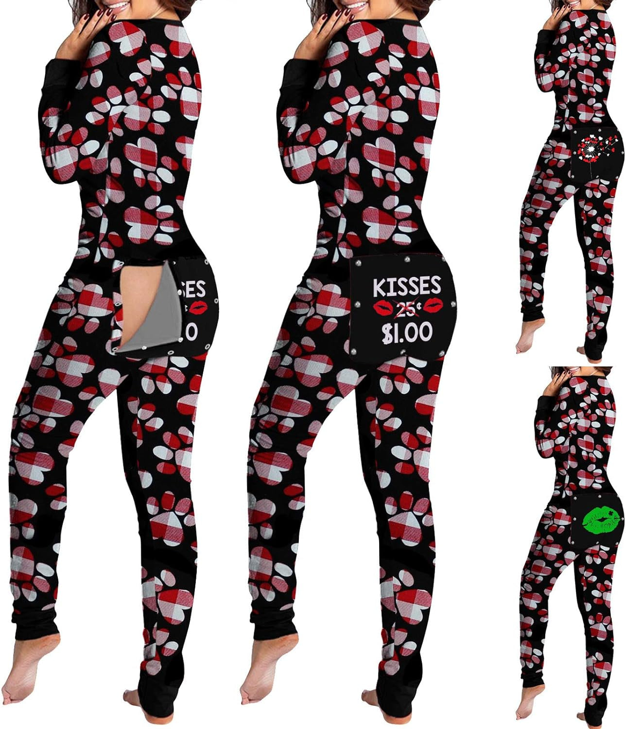 "Flirty and Functional Women'S Buttoned Flap Jumpsuit - Long Sleeve, Sexy V-Neck Romper Sleepwear"