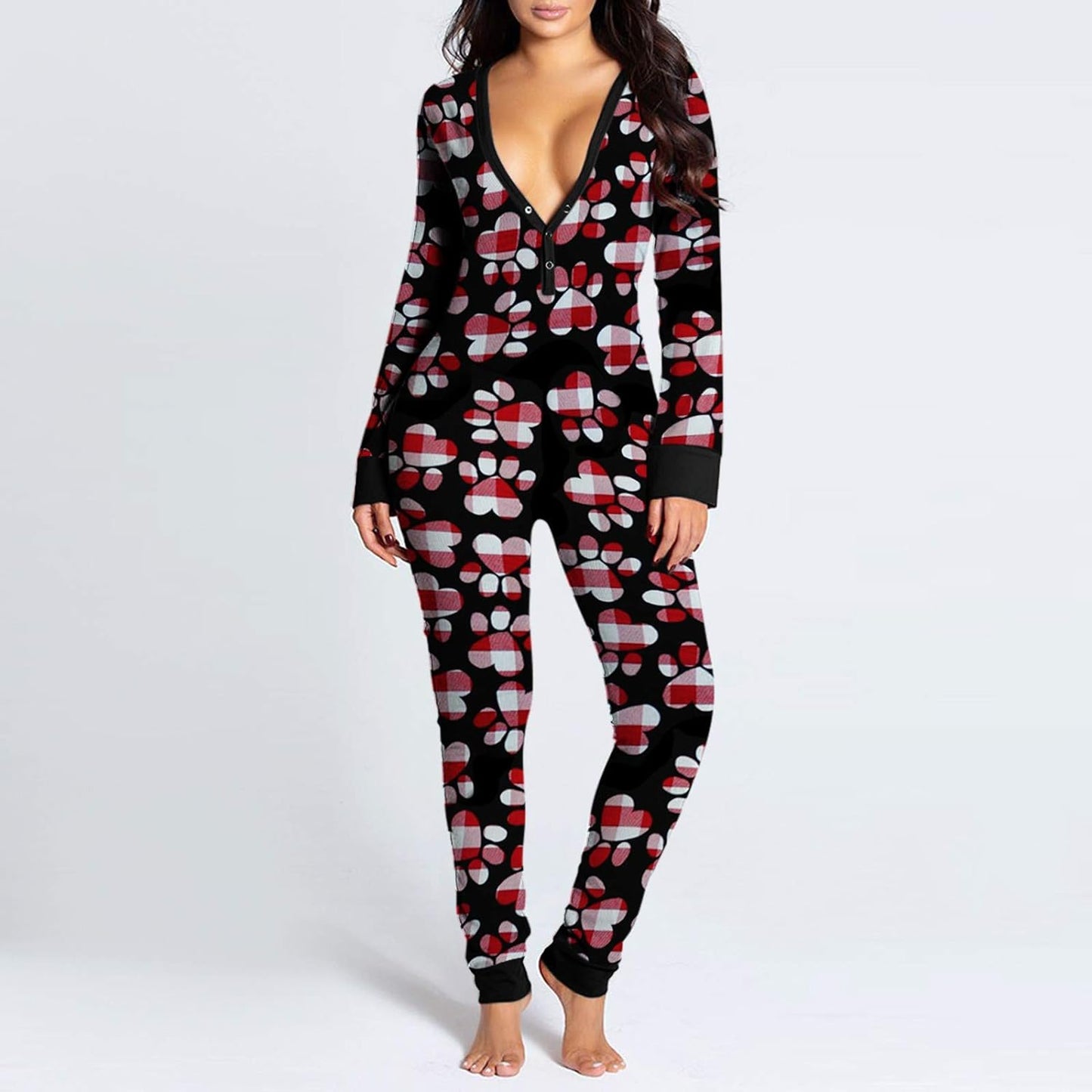 "Flirty and Functional Women'S Buttoned Flap Jumpsuit - Long Sleeve, Sexy V-Neck Romper Sleepwear"